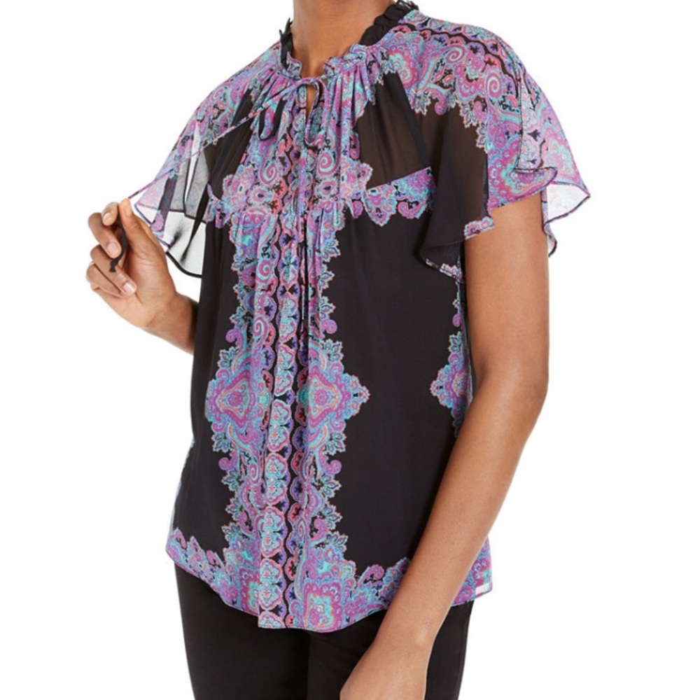 Nanette Lepore Black and Purple Flutter Sleeve Blouse